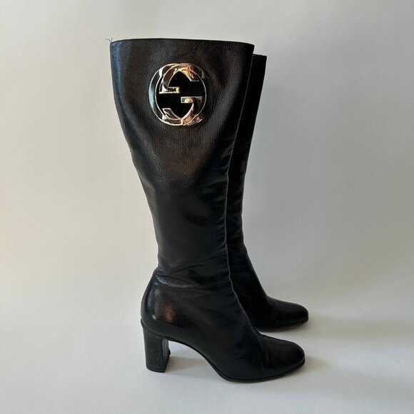 GUCCI BY TOM FORD GG INTERLOCKING BLACK LEATHER BOOTS - Picture 5 of 10